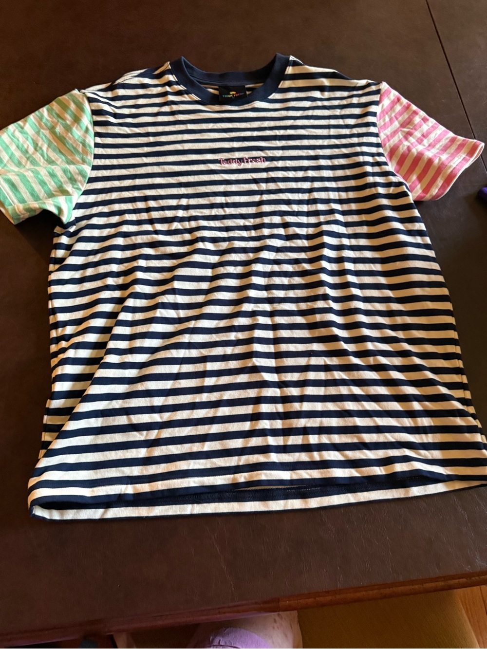Teddy Fresh Navy & White Striped Tee with Mint Green and Pink Sleeves